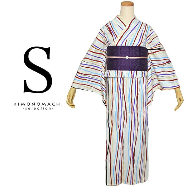 Sサイズ浴衣単品「黒×紫×エンジ 縞」スモールサイズ浴衣  レディース 花火大会、夏祭りに 女性浴衣単品