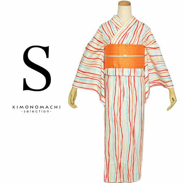 Sサイズ浴衣単品「赤×オレンジ 縞」スモールサイズ浴衣  レディース 花火大会、夏祭りに 女性浴衣単品