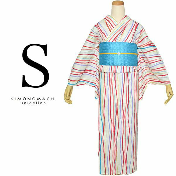 Sサイズ浴衣単品「ラズベリー×コバルトブルー 縞」スモールサイズ浴衣  レディース 花火大会、夏祭りに 女性浴衣単品