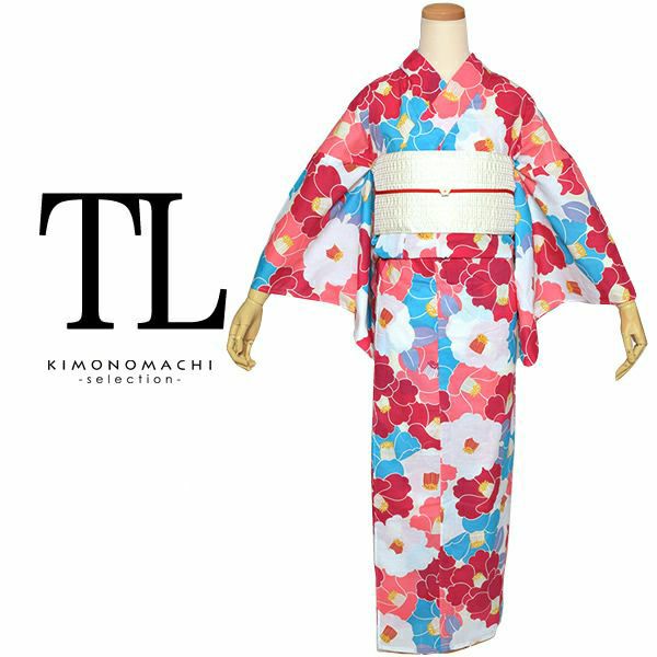 TLサイズ浴衣単品「ラズベリー×コバルトブルー 椿」トールサイズ浴衣  レディース 花火大会、夏祭りに 女性浴衣単品