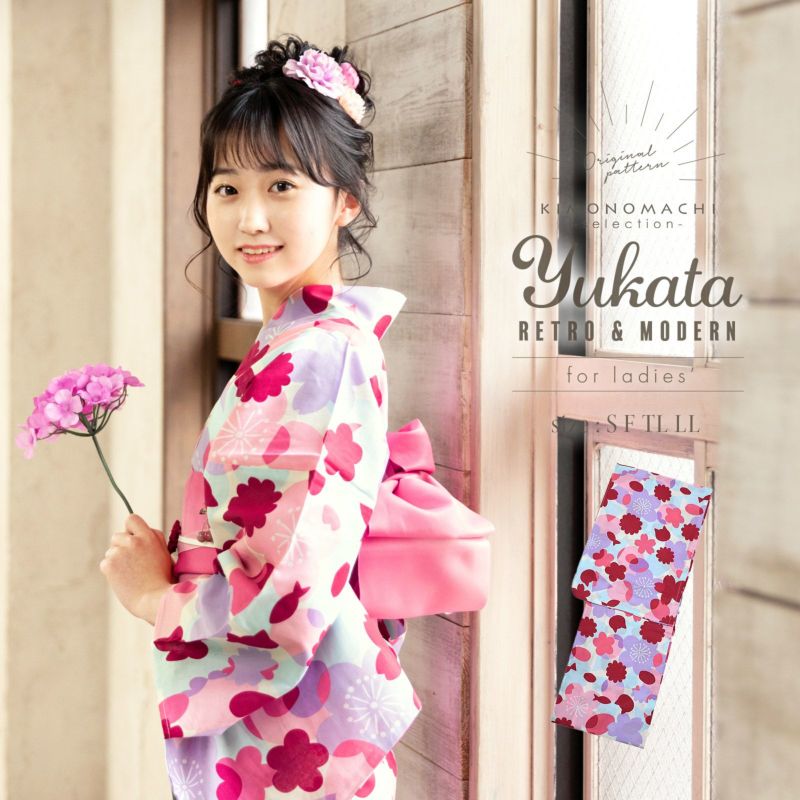 女性浴衣単品「ピンク×パープル お花と猫とサカナ」S、F、TL、LL レディース 綿 パープル 花柄 平織り