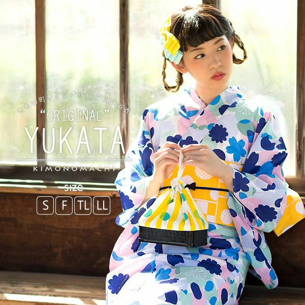 女性浴衣単品「グリーン×ブルー お花と猫とサカナ」S、F、TL、LL レディース 綿 ブルー 花柄 平織り