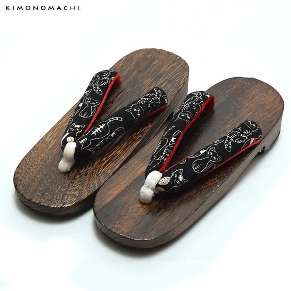 女性下駄単品「黒×白色 猫」F、LLサイズ 桐下駄  フリー レディース