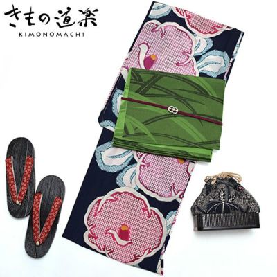女性浴衣セット「鉄紺色 疋田椿」きもの道楽 お仕立て上がり浴衣セット ブランド浴衣セット フリー 東レセオアルファ 6DY-12【メール便不可】
