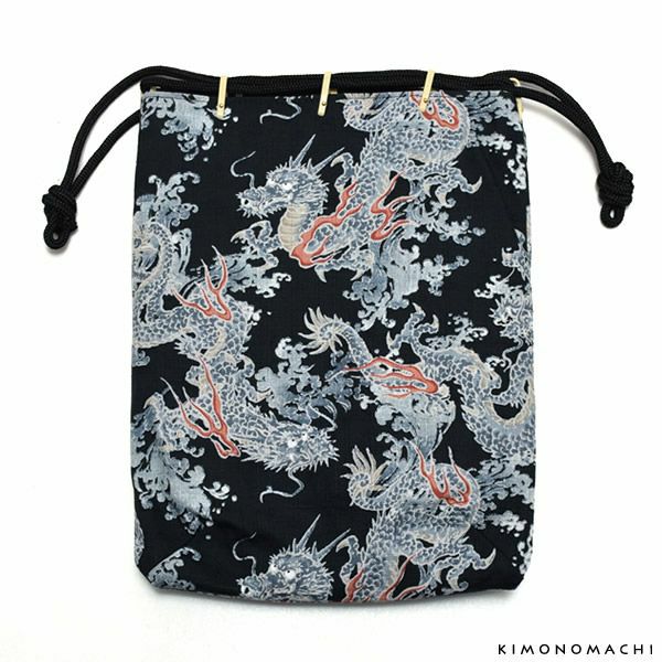 粋也信玄袋「黒色 波に龍」日本製 和装小物 紳士 浴衣、着物に 男性巾着