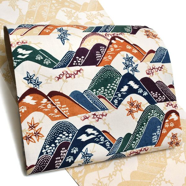 洒落袋帯「ベージュ 山脈」未仕立て 正絹帯 和染紅型 紬 栗山吉三郎