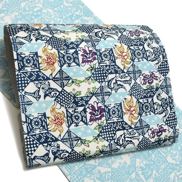 洒落袋帯「ブルー 幾何学更紗」未仕立て 正絹帯 和染紅型 紬 栗山吉三郎