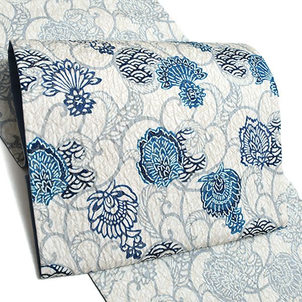 Prices down4】洒落袋帯「ブルー 牡丹と菊花」未仕立て 正絹帯 和染