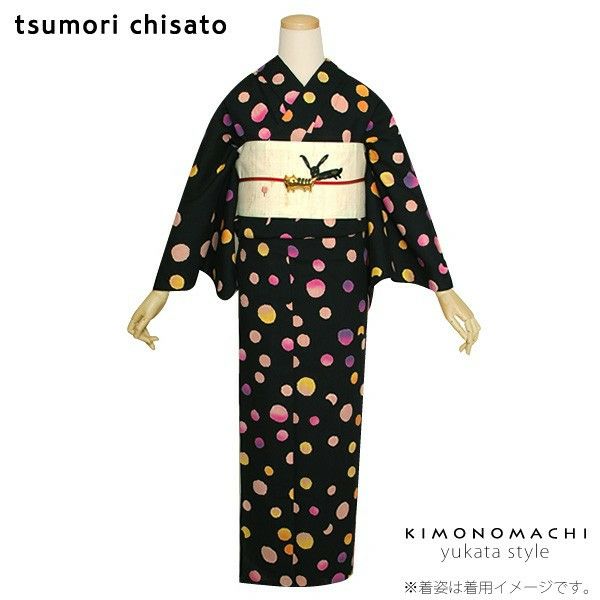 女性浴衣「黒色 猫ドット」ツモリチサト お仕立て上がり浴衣 ブランド浴衣 tsumori chisato 注染 5ｔ-18