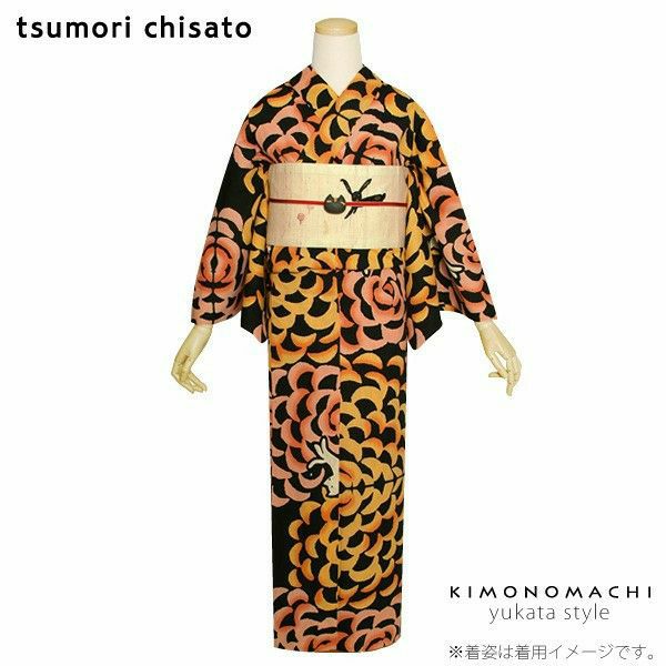 女性浴衣「黒色 ダリアと猫」ツモリチサト お仕立て上がり浴衣 ブランド浴衣 tsumori chisato 注染 5ｔ-20【メール便不可】ss2206ykl10