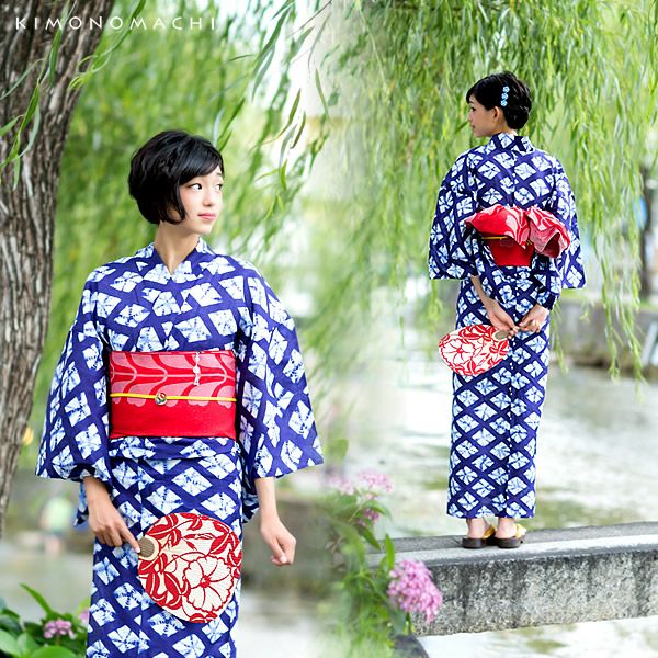 女性浴衣「紺色に菱形 絞り風」LLサイズ 夏祭り、盆踊りに