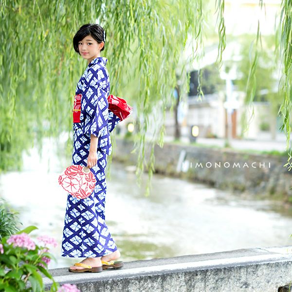女性浴衣「紺色に菱形 絞り風」LLサイズ 夏祭り、盆踊りに