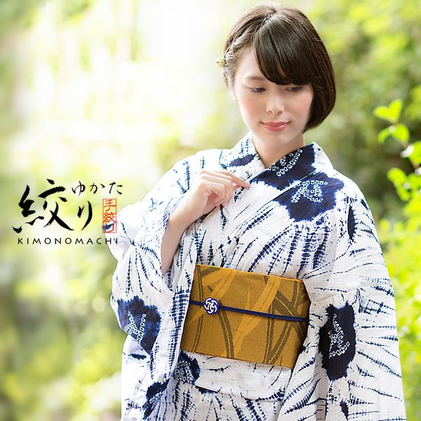 女性浴衣「紺×白色 薔薇、柳絞り」絞り 浴衣単品 お仕立て上がり レディース 女性浴衣