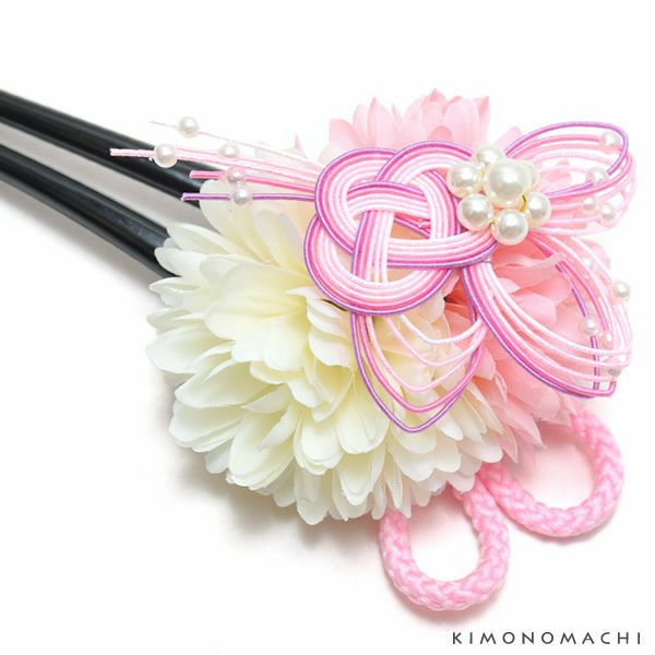 お花髪飾り「ピンク×白色 お花と水引き飾り」かんざし お花髪飾り フラワーかんざし  卒業式、成人式、振袖 HK-38