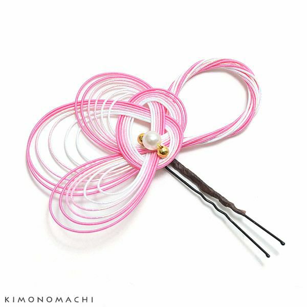 水引き髪飾り「ピンク×オーロララメ」Uピン髪飾り 成人式、卒業式に ヘアアレンジ  ポイント髪飾り UP-17