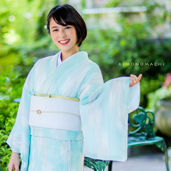 紗夏着物「水色 絣縞」M、L お仕立て上がり着物   洗える着物