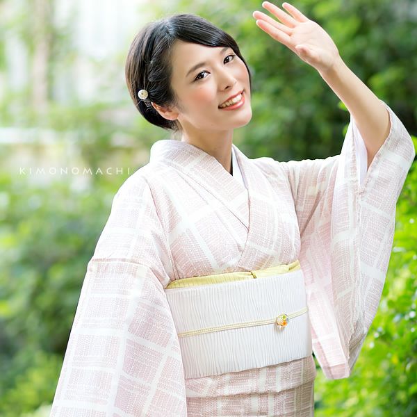 絽夏着物「ピンク リーフスクエア」M、L お仕立て上がり着物   洗える着物