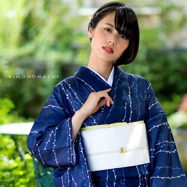 絽夏着物「濃紺色 柳ゆらぎ縞」M、L お仕立て上がり着物 洗える着物 