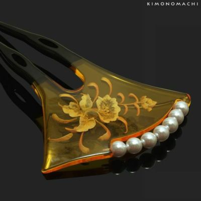 かんざし バチ型 日本製 「黒色 流水に菊花 1476」 銀杏型 高級 簪