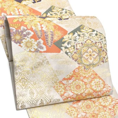 Prices down】唐織袋帯 「生成り色地 菊唐草」 錦工芸謹製 六通 Prices down】唐織袋帯 「生成り色地 菊唐草」 錦工芸謹製 六通