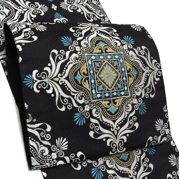 礼装袋帯「黒色 モダン菱文」未仕立て 京都西陣 六通柄 訪問着、色留袖、付け下げに 礼装帯