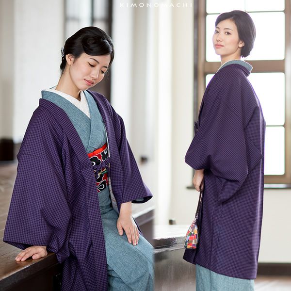 柄羽裏長羽織「紫色 千鳥格子」ロング丈 柄裏 防寒 フリーサイズ 女性