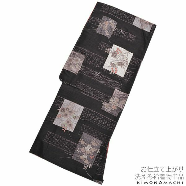 紬風袷着物単品「黒色 花色紙」M、Lサイズ 小紋 お仕立て上がり着物 プレタ 洗える着物