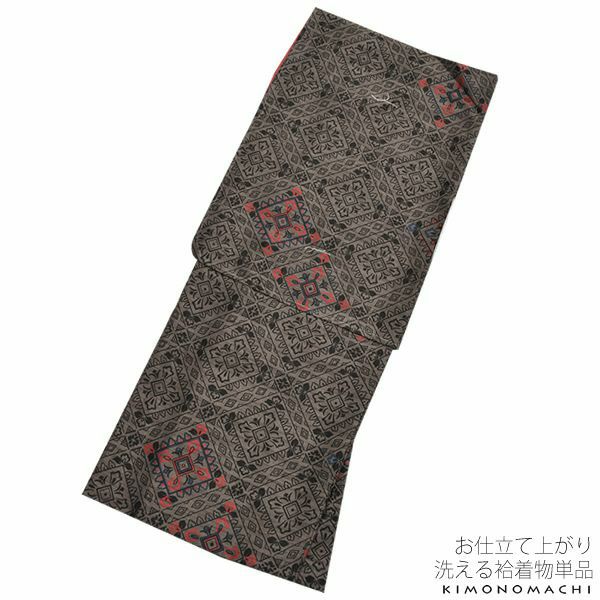 紬風袷着物単品「黒グレー 菱格子」M、Lサイズ 小紋 お仕立て上がり着物 プレタ 洗える着物