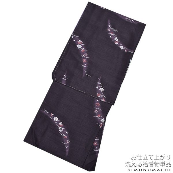紬風袷着物単品「深紫色 吹き寄せ」M、Lサイズ 小紋 お仕立て上がり着物 プレタ 洗える着物