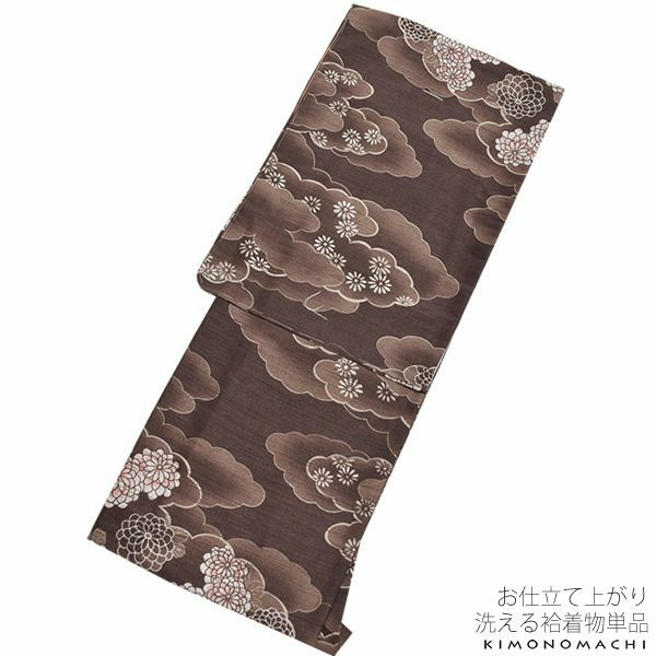 紬風袷着物単品「焦げ茶色 雲に菊花」M、Lサイズ 小紋 お仕立て上がり着物 プレタ 洗える着物