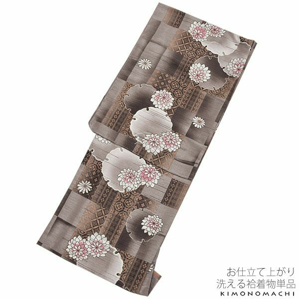 紬風袷着物単品「黒茶グレー 市松ぼかしに雪輪」M、Lサイズ 小紋 お仕立て上がり着物 プレタ 洗える着物