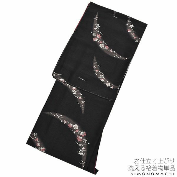 紬風袷着物単品「黒色 吹き寄せ」Lサイズ 小紋 お仕立て上がり着物 プレタ 洗える着物