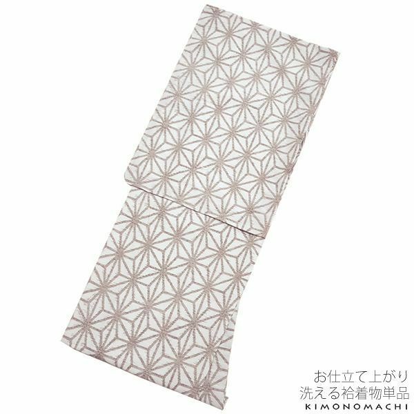 紬風袷着物単品「グレー 絣風麻の葉」Lサイズ 小紋 お仕立て上がり着物 プレタ 洗える着物