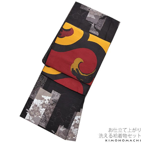 紬風袷着物、京袋帯セット「黒色 短冊」Mサイズ 小紋 お仕立て上がり着物 プレタ 洗える着物セット