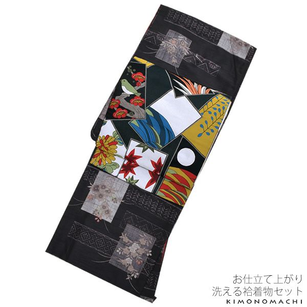 紬風袷着物、京袋帯セット「黒色 花色紙」M、Lサイズ 小紋 お仕立て上がり着物 プレタ 洗える着物セット