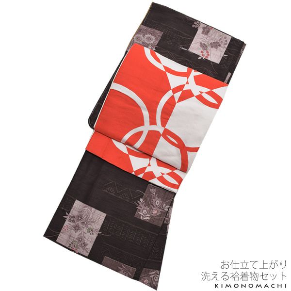 紬風袷着物、京袋帯セット「黒茶色 花色紙」M、Lサイズ 小紋 お仕立て上がり着物 プレタ 洗える着物セット