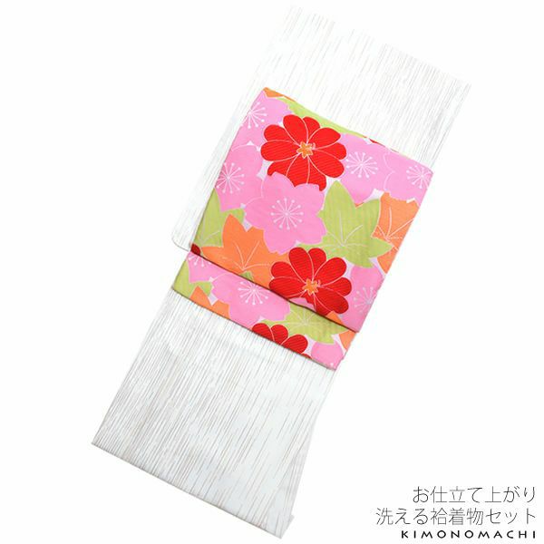 紬風袷着物、京袋帯セット「白色 絣縞」M、Lサイズ 小紋 お仕立て上がり着物 プレタ 洗える着物セット