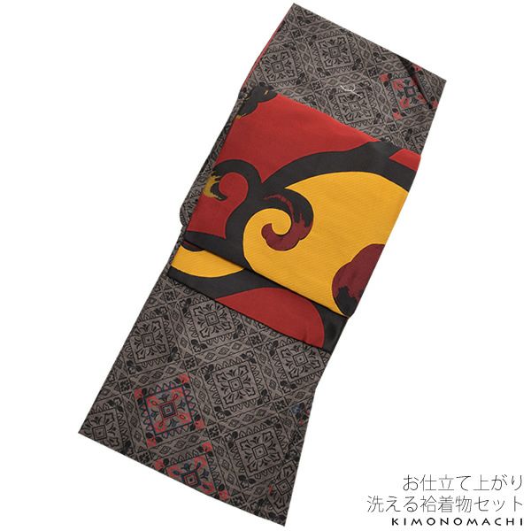 紬風袷着物、京袋帯セット「黒グレー 菱格子」M、Lサイズ 小紋 お仕立て上がり着物 プレタ 洗える着物セット