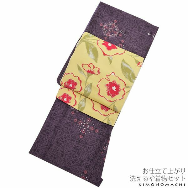 紬風袷着物、京袋帯セット「紫色 菱格子」M、Lサイズ 小紋 お仕立て上がり着物 プレタ 洗える着物セット