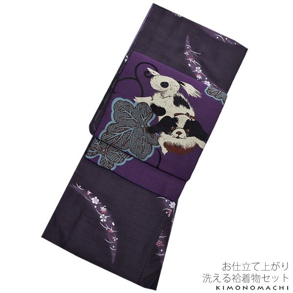 紬風袷着物、京袋帯セット「深紫色 吹き寄せ」M、Lサイズ 小紋 お仕立て上がり着物 プレタ 洗える着物セット