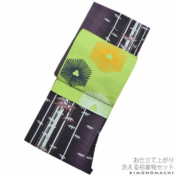 紬風袷着物、京袋帯セット「深紫色ぼかし 笹竹」M、Lサイズ 小紋 お仕立て上がり着物 プレタ 洗える着物セット