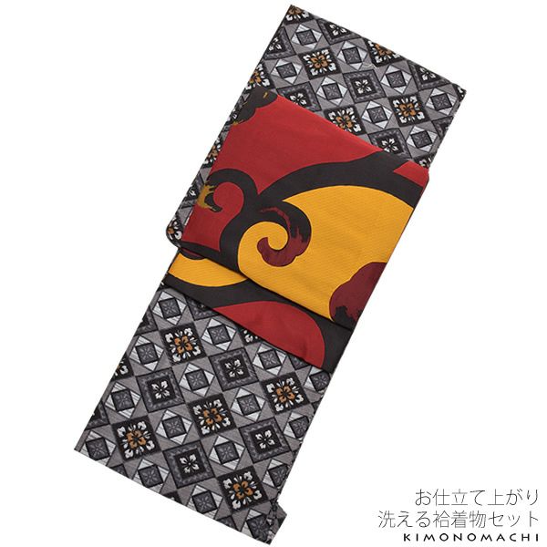 紬風袷着物、京袋帯セット「グレー 菱」M、Lサイズ 小紋 お仕立て上がり着物 プレタ 洗える着物セット