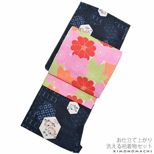 紬風袷着物、京袋帯セット「紺青色 亀甲」M、Lサイズ 小紋 お仕立て上がり着物 プレタ 洗える着物セット