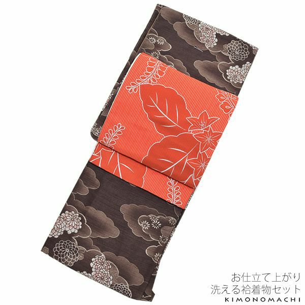 紬風袷着物、京袋帯セット「焦げ茶色 雲に菊花」M、Lサイズ 小紋 お仕立て上がり着物 プレタ 洗える着物セット