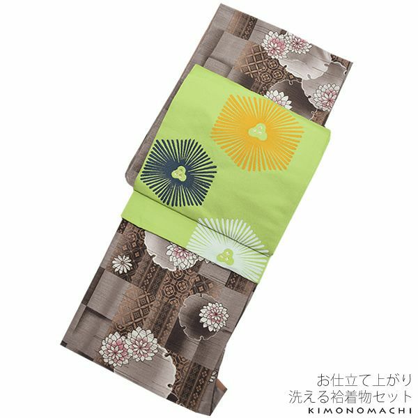 紬風袷着物、京袋帯セット「黒茶グレー 市松ぼかしに雪輪」M、Lサイズ 小紋 お仕立て上がり着物 プレタ 洗える着物セット