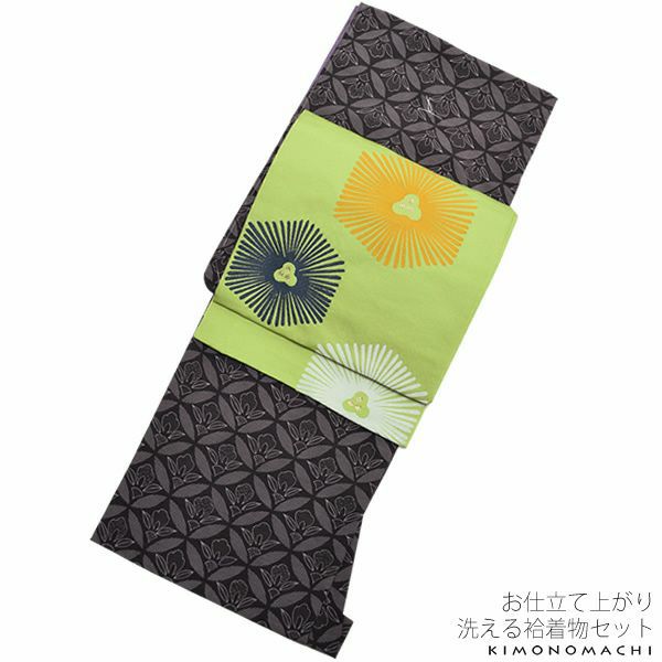 紬風袷着物、京袋帯セット「黒色 七宝」M、Lサイズ 小紋 お仕立て上がり着物 プレタ 洗える着物セット