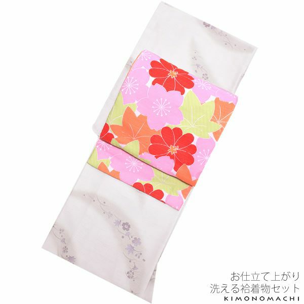 紬風袷着物、京袋帯セット「薄桜色 吹き寄せ」Lサイズ 小紋 お仕立て上がり着物 プレタ 洗える着物セット