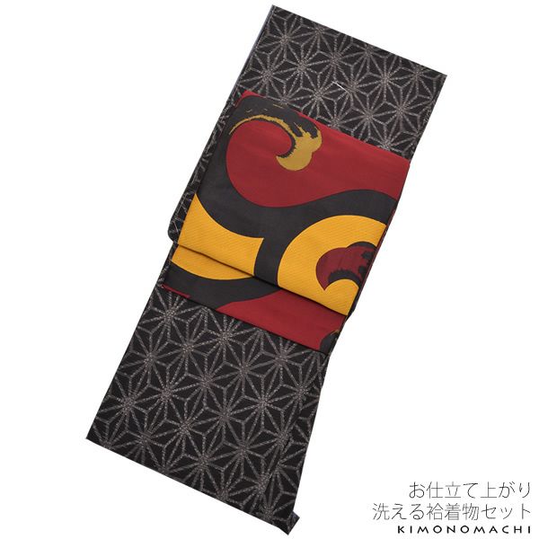 紬風袷着物、京袋帯セット「黒色 絣風麻の葉」Lサイズ 小紋 お仕立て上がり着物 プレタ 洗える着物セット