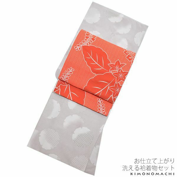 紬風袷着物、京袋帯セット「鼠色 雪輪」Lサイズ 小紋 お仕立て上がり着物 プレタ 洗える着物セット