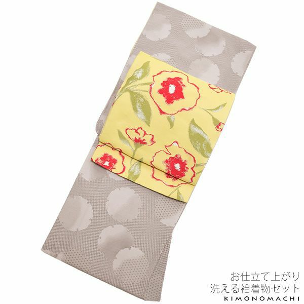 紬風袷着物、京袋帯セット「生成り 雪輪」Lサイズ 小紋 お仕立て上がり着物 プレタ 洗える着物セット